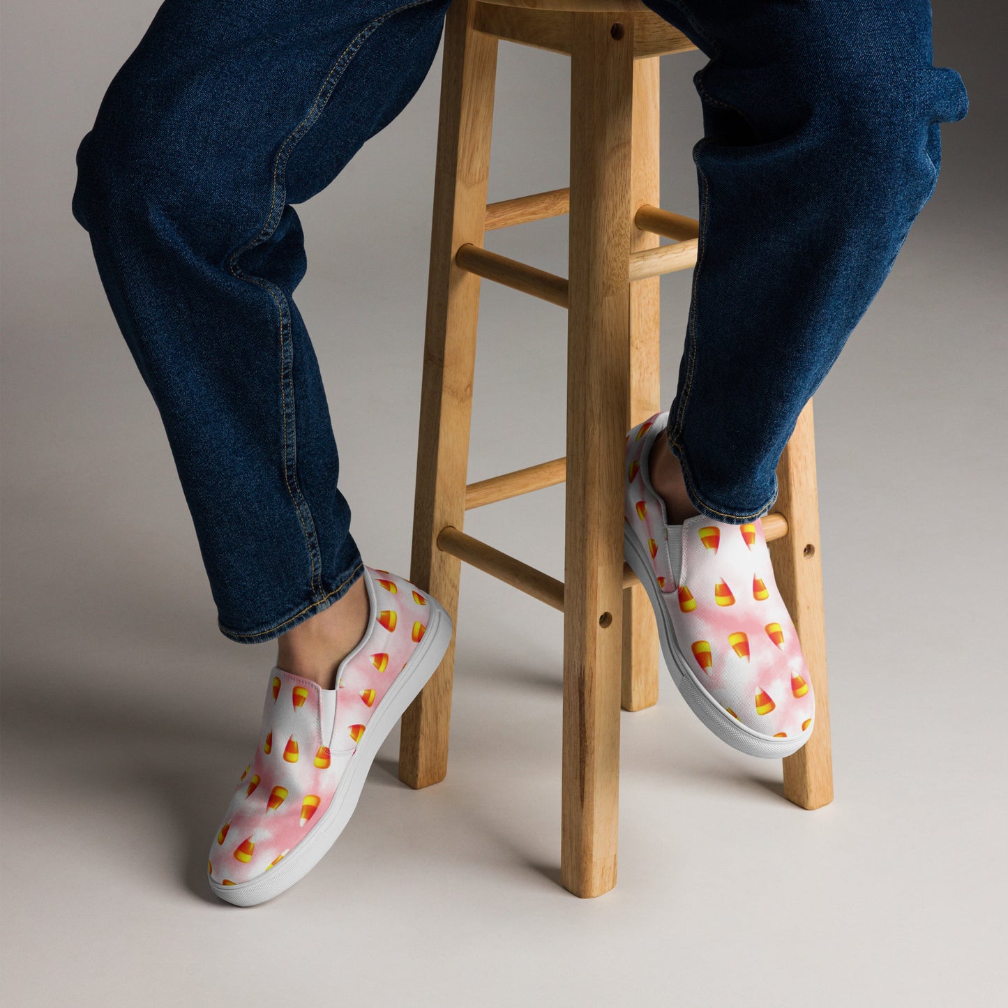 Men’s Candy Corn Canvas Slip-Ons: Pink and White Cotton Candy Style