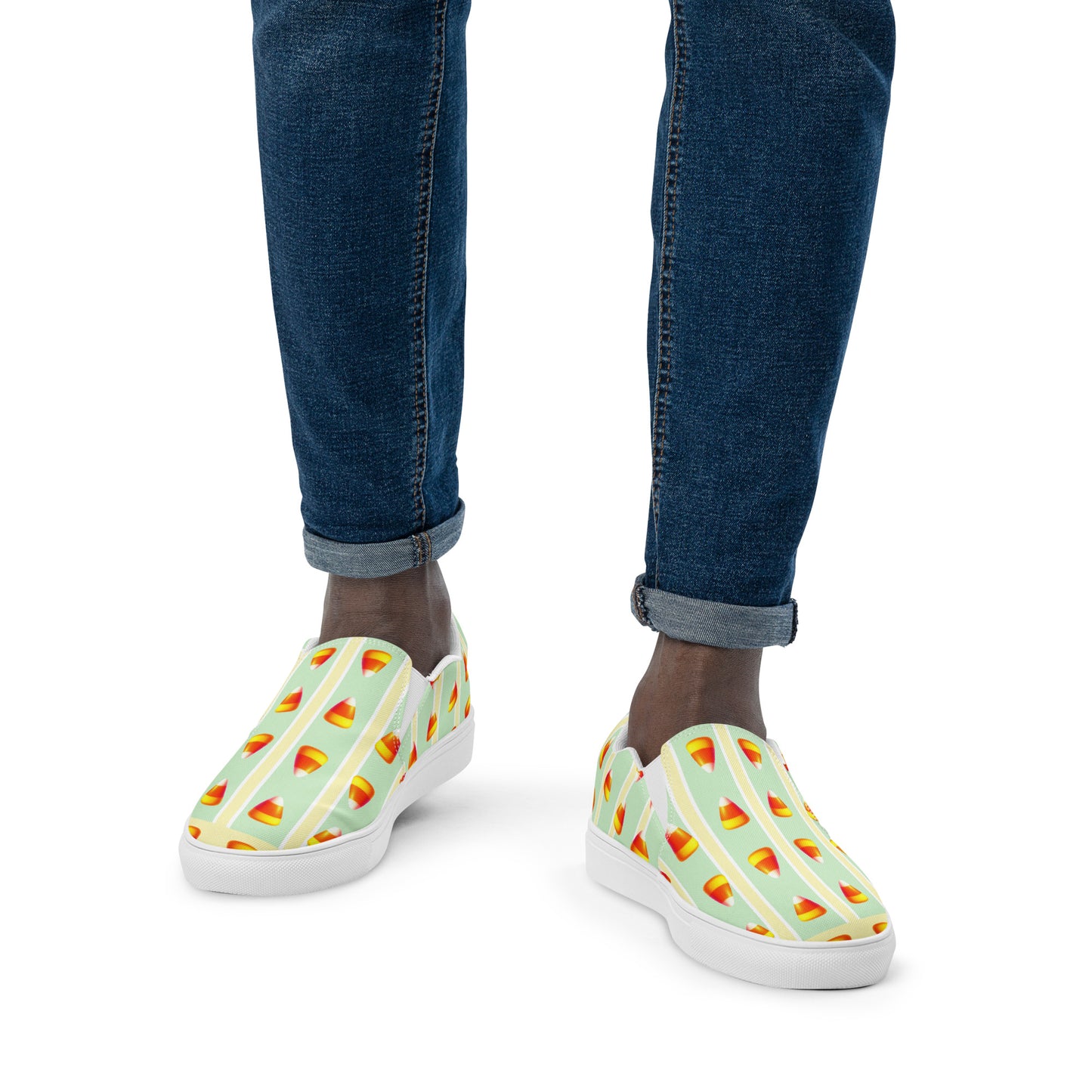 Candy Corn Slip-On Shoes for Men - Yellow & Green Striped Design