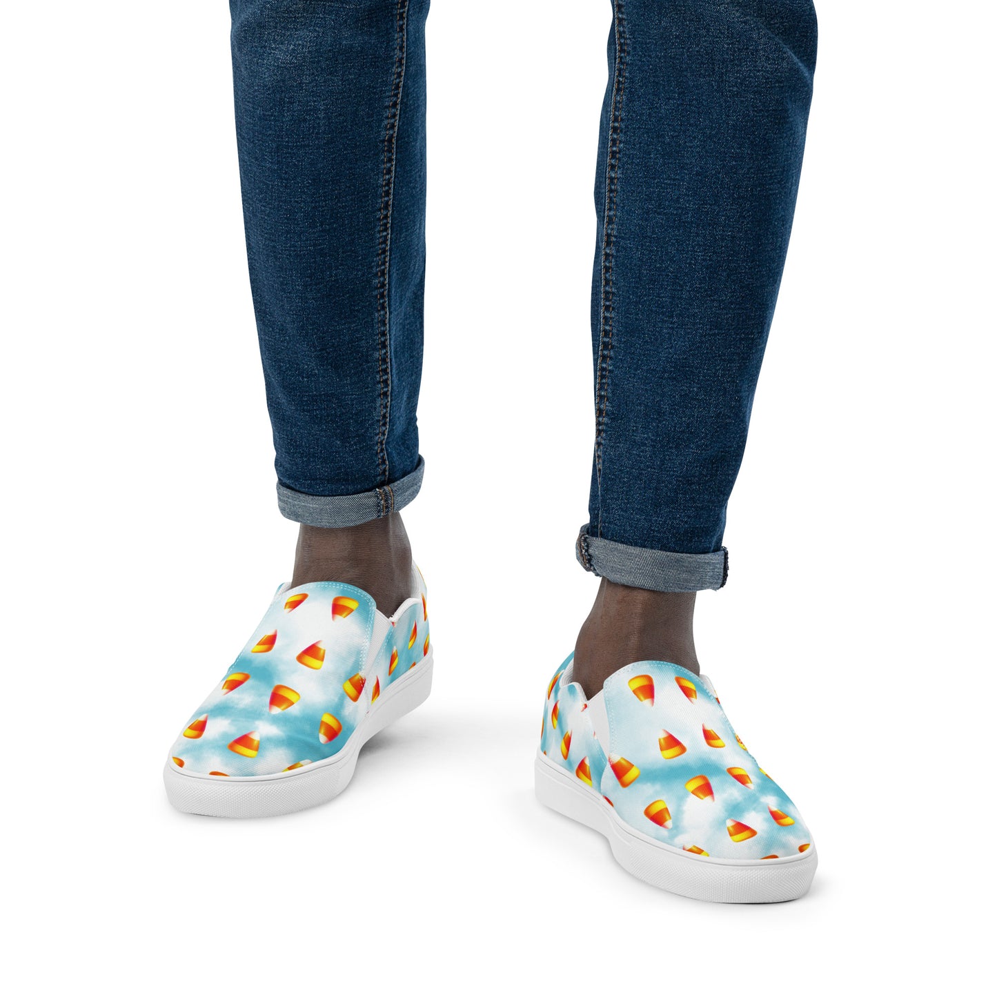 Men’s Candy Corn Slip-Ons: Blue & White Cotton Candy Style