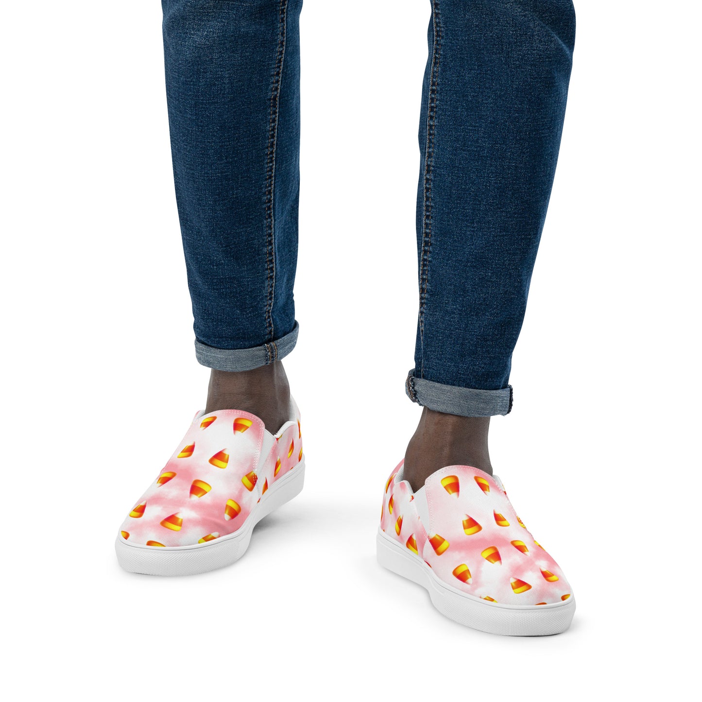 Men’s Candy Corn Canvas Slip-Ons: Pink and White Cotton Candy Style