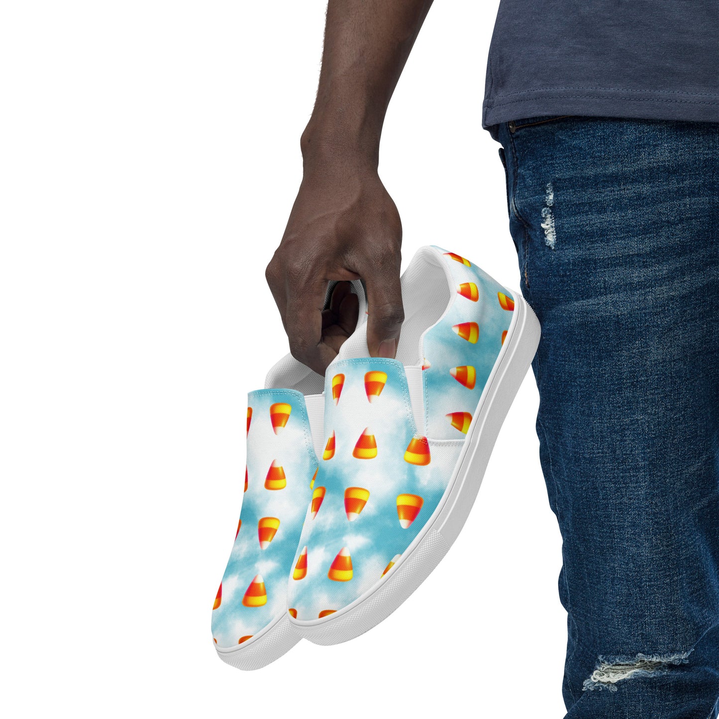 Men’s Candy Corn Slip-Ons: Blue & White Cotton Candy Style