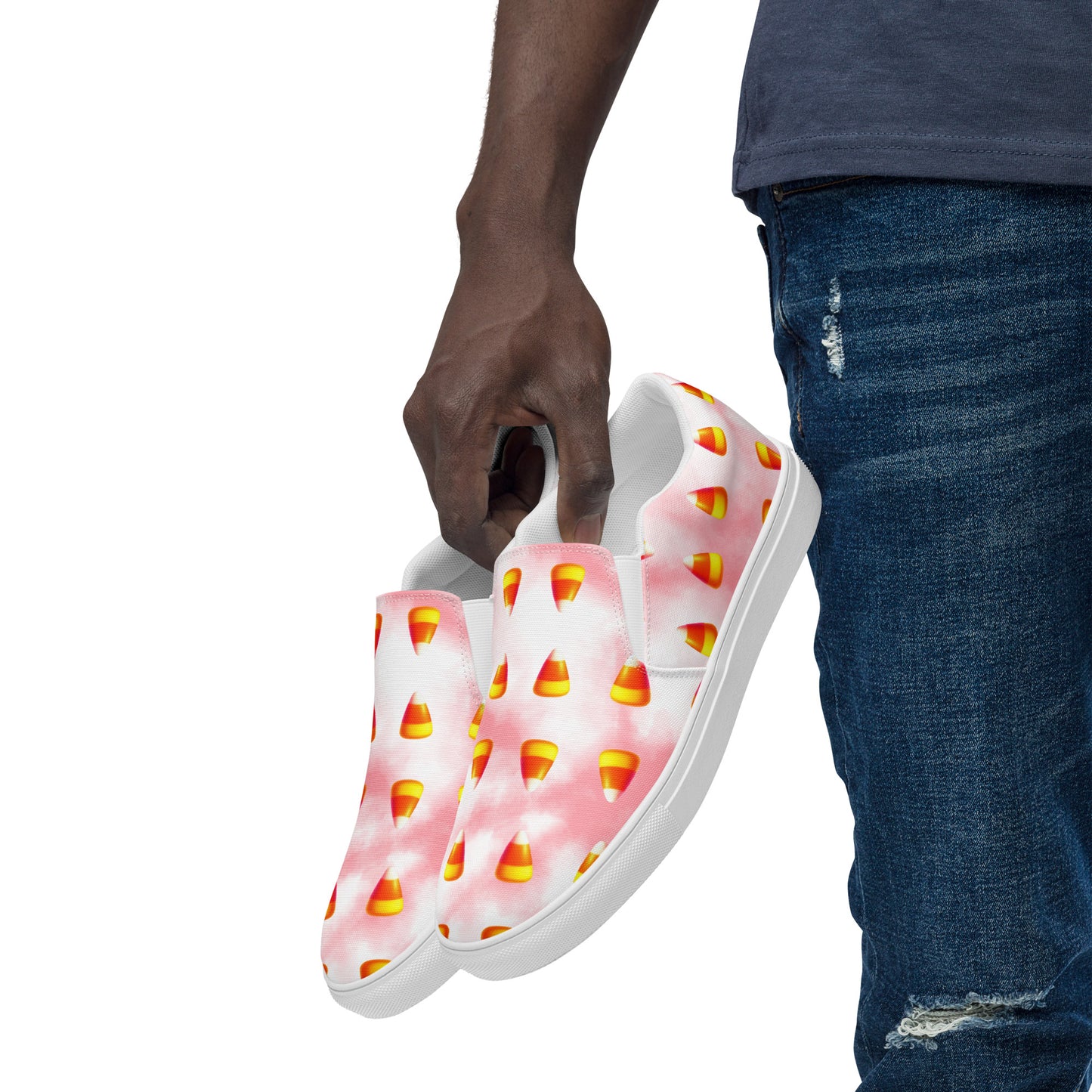 Men’s Candy Corn Canvas Slip-Ons: Pink and White Cotton Candy Style