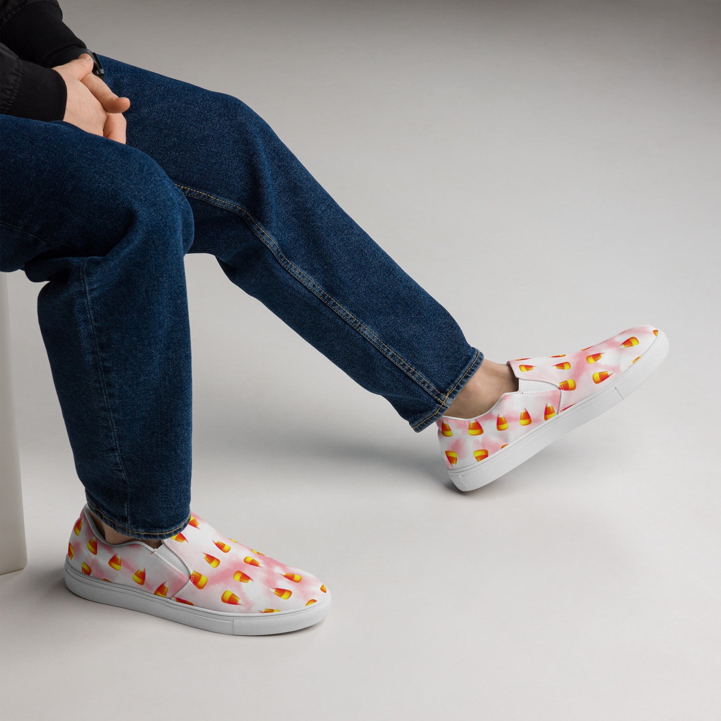 Men’s Candy Corn Canvas Slip-Ons: Pink and White Cotton Candy Style